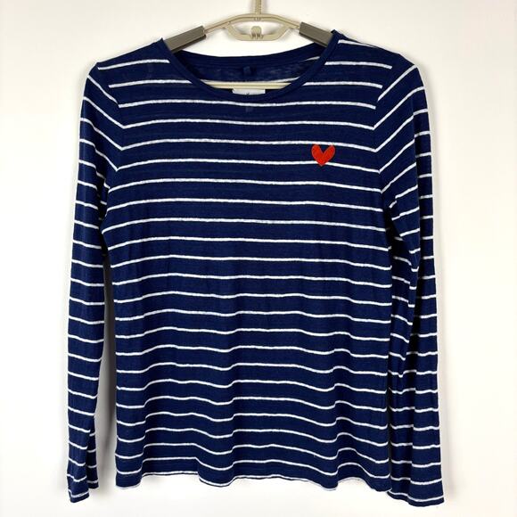 Lou & Grey 100% Linen long sleeve top Navy Blue White Stripes Medium crewneck - Picture 1 of 6